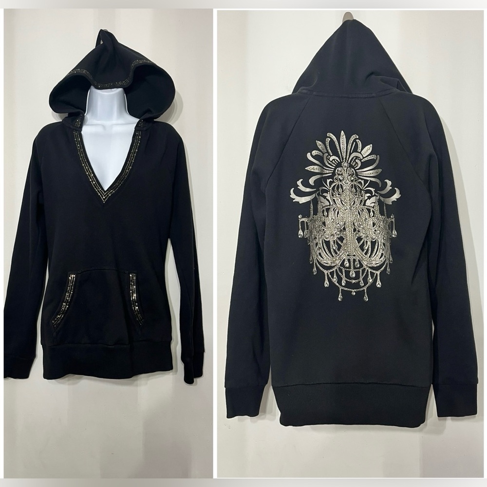 Vintage Express Y2K Graphic Hoodie‎ Dark Grunge Alternative Rhinestones Goth L